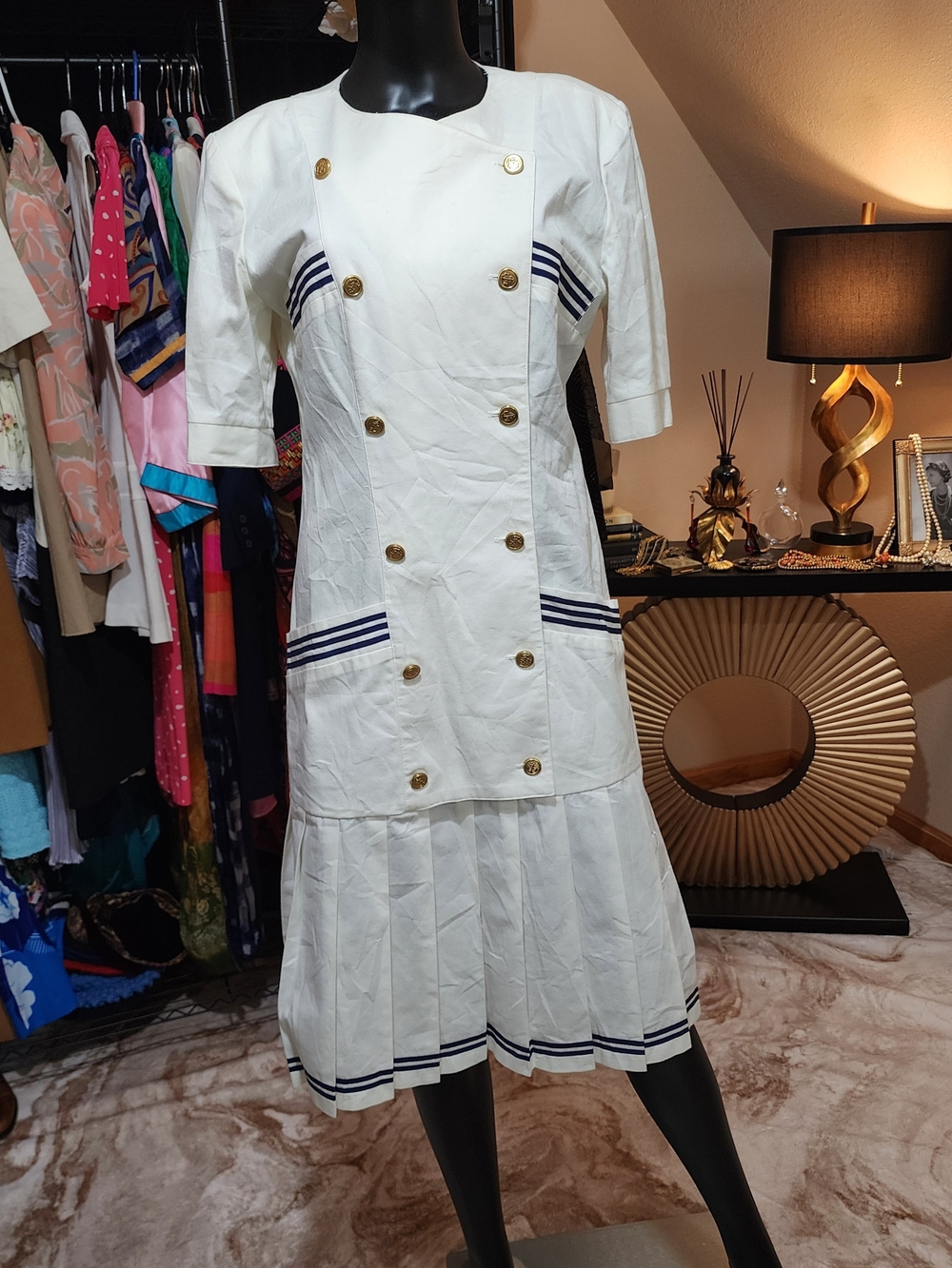 LANZ Vintage Late 70s White Nautical-Stripe Button Front Dress